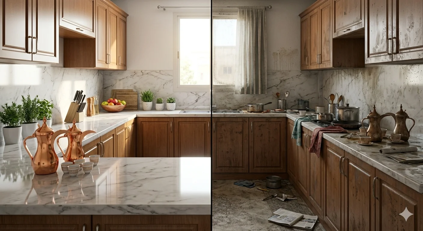 تنظيف مطبخ وتلميع رخام قبل وبعد